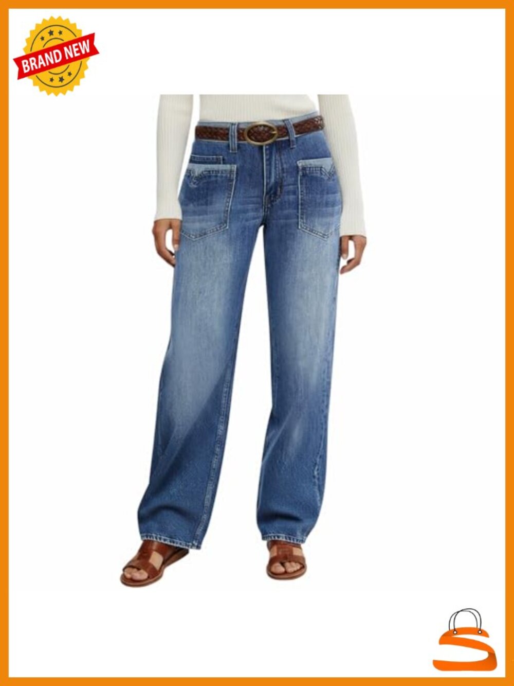 Mid Rise Baggy Straight Leg Jeans with Patch Pockets Stretch Fabric
